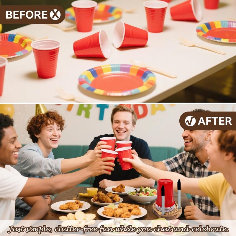 YAQUHO Party Cup Holder with Marker Slot, Acacia Wood Bathroom Cup Dispenser Mark Your Cup and Drink Up, Hosting Essential to Prevent Mix-Ups & Mark Your Cup for Birthdays, BBQs, Holiday Events - Image 5